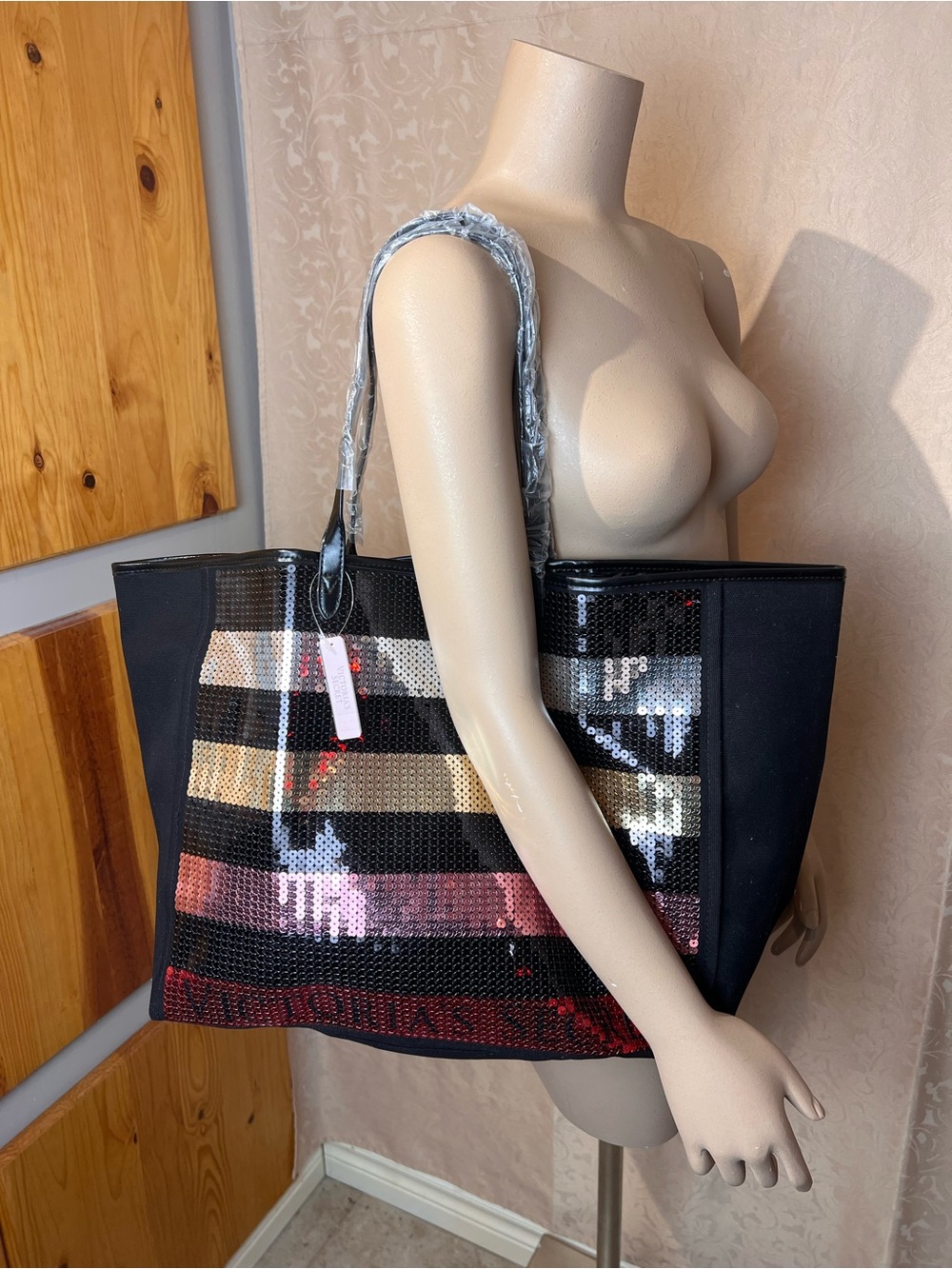 VICTORIA'S SECRET Large Black Tote Bag with Colourful Sequin Stripes